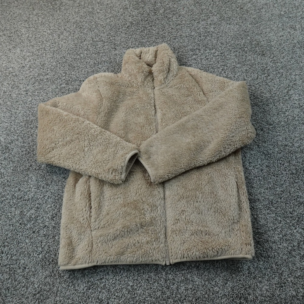 Uniqlo Jacket Womens M Beige Brown Sherpa Fleece Full Zip Mock Neck Teddy Coat